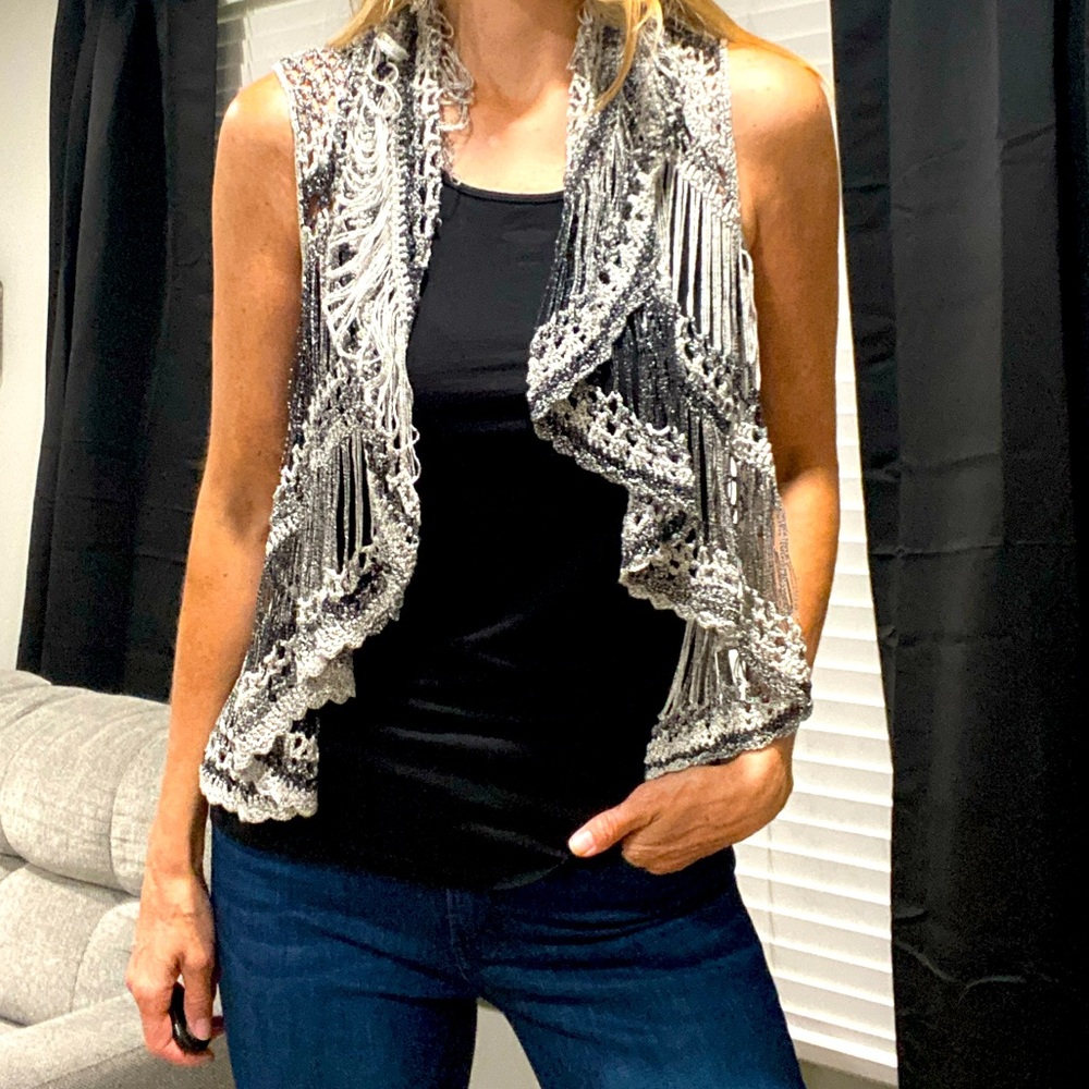 OLIVIA M Black Gray Boho Hippie Crochet Vest SMALL